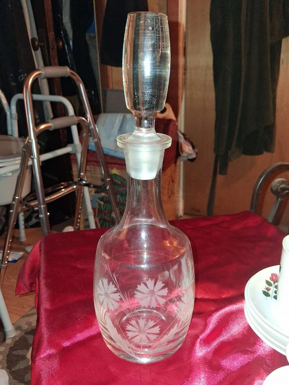 Clear Etched Glass Decanter with Stopper - White/Clear Flowers